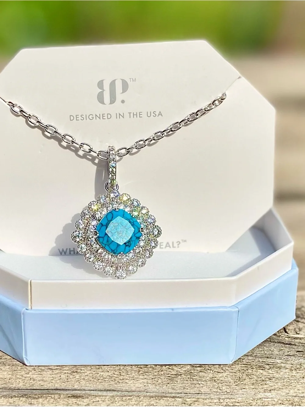 BP Turquoise Magnesite Halo Pendant Necklace On Rhodium Plating